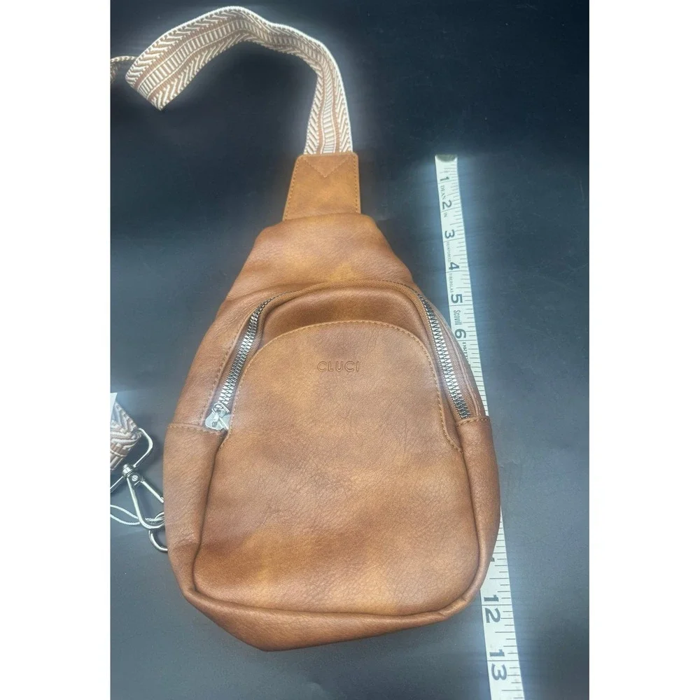 CLUCI Sling Bag Cognac Brown Vegan Leather Crossbody Chest Pack Strap NEW